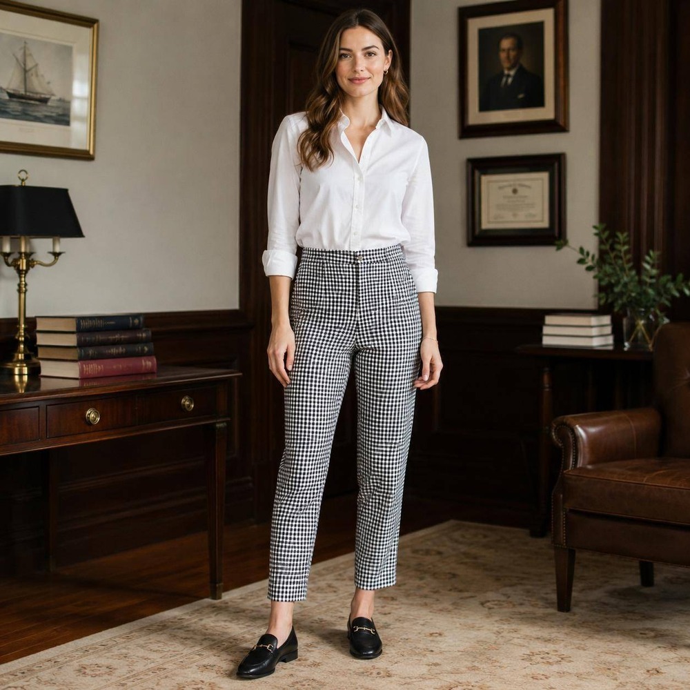 BROOKS BROTHERS Women's Gingham Pants 6 Navy‎ & White Stretch Slim